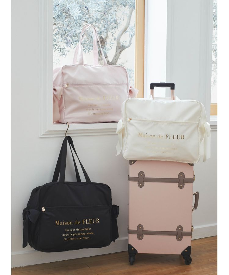 日本Maison de FLEUR 雙蝴蝶結 緞面 拉鏈旅行袋 サテンキャリーオンバッグ