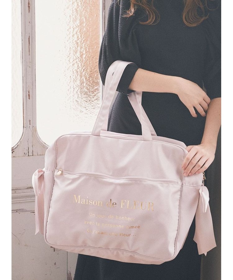 日本Maison de FLEUR 雙蝴蝶結 緞面 拉鏈旅行袋 サテンキャリーオンバッグ