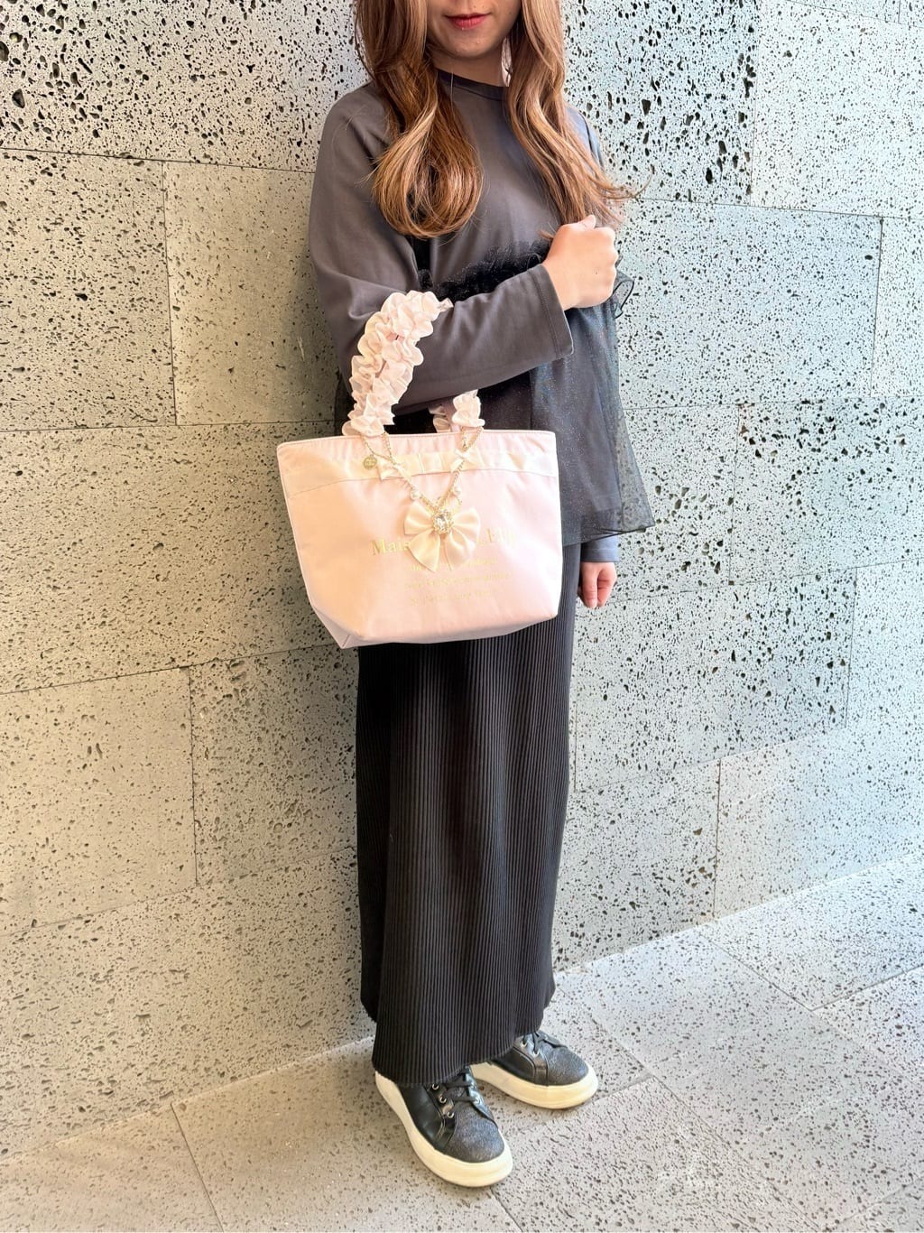 日本Maison de FLEUR 花邊手柄 絹布小手袋ブランドロゴフリルハンドルトートSバッグ