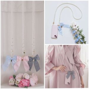 日本Maison de FLEUR 格仔緞帶水晶珍珠鏈 チェックリボンラインストーンパールチェーン