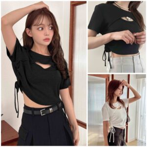 日本GRL 前開衩 側抽繩 TEE フロントオープンサイドドロストTシャツ[dk1227]