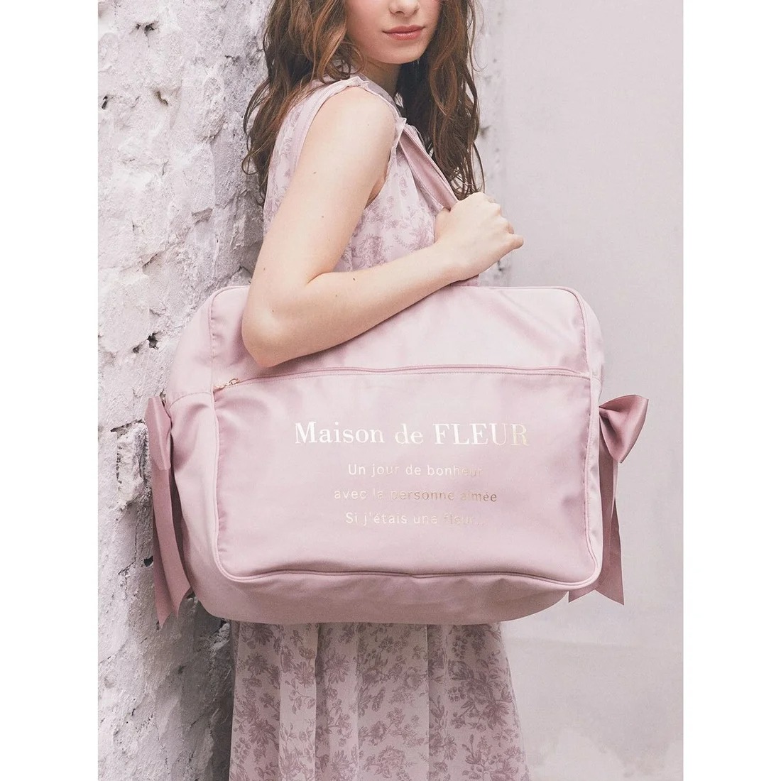 日本Maison de FLEUR 雙蝴蝶結 緞面 拉鏈旅行袋 サテンキャリーオンバッグ