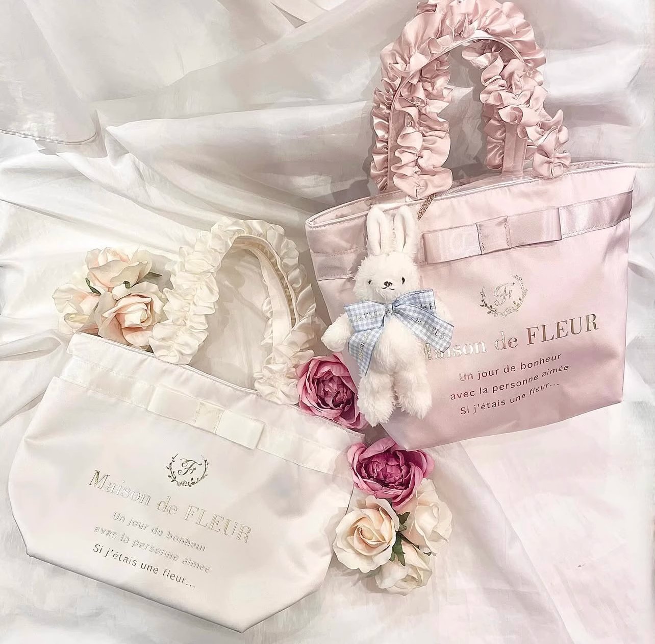 日本Maison de FLEUR 花邊手柄 絹布小手袋ブランドロゴフリルハンドルトートSバッグ