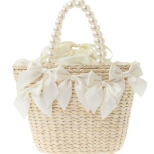 日本Maison de FLEUR 珍珠手把 玉米纖維 蝴蝶結 藤織手袋 パールハンドルメイズリボンカゴバッグ