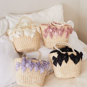 日本Maison de FLEUR 珍珠手把 玉米纖維 蝴蝶結 藤織手袋 パールハンドルメイズリボンカゴバッグ