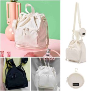 [包順豐自取🧧] 韓國National Geographic ADELIE 斜孭束繩水桶袋 Bucket Bag – IVORY/BLACK