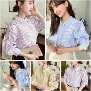 [包順豐自取🧧][恤衫+外套兩用🎀]日本moment+多色 間條 抽繩袖 蝴蝶結 恤衫 マルチストライプ袖シャーリングシャツブラウス