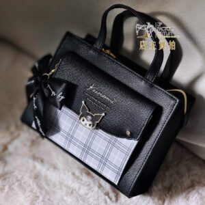 [包順豐自取🧧]日本FUNALIVE×KUROMI 蝴蝶結 前置口袋 2Way手提 斜孭袋 キャラクタープレートチェックリボン前面ポケット2way手提げショルダー
