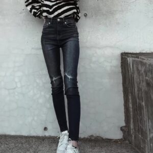 日本GRL 破洞窄腳牛仔褲 配色ステッチダメージスキニーデニムパンツ[cu308]