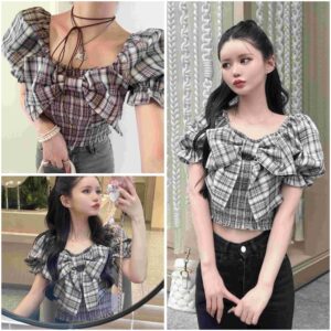 日本GRL 短款格仔蝴蝶結上衣 ビッグリボンチェック柄トップス[dk1475]