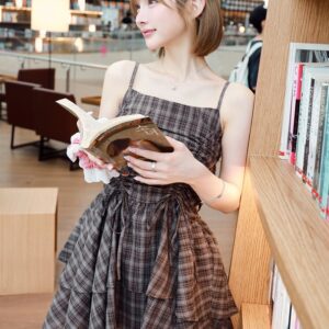 日本GRL 格紋抽繩蝴蝶結迷你連身裙 チェック柄ドロストリボンミニワンピース[dk1357]